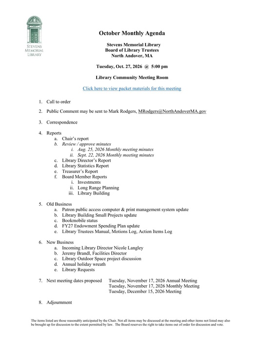 Stevens Memorial Library Board of Trustees Meeting